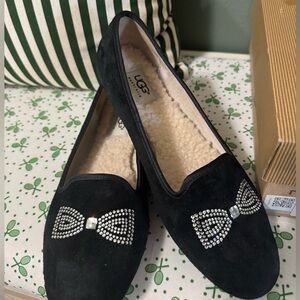 UGG Women's Black Loafers with Rhinestone Bow